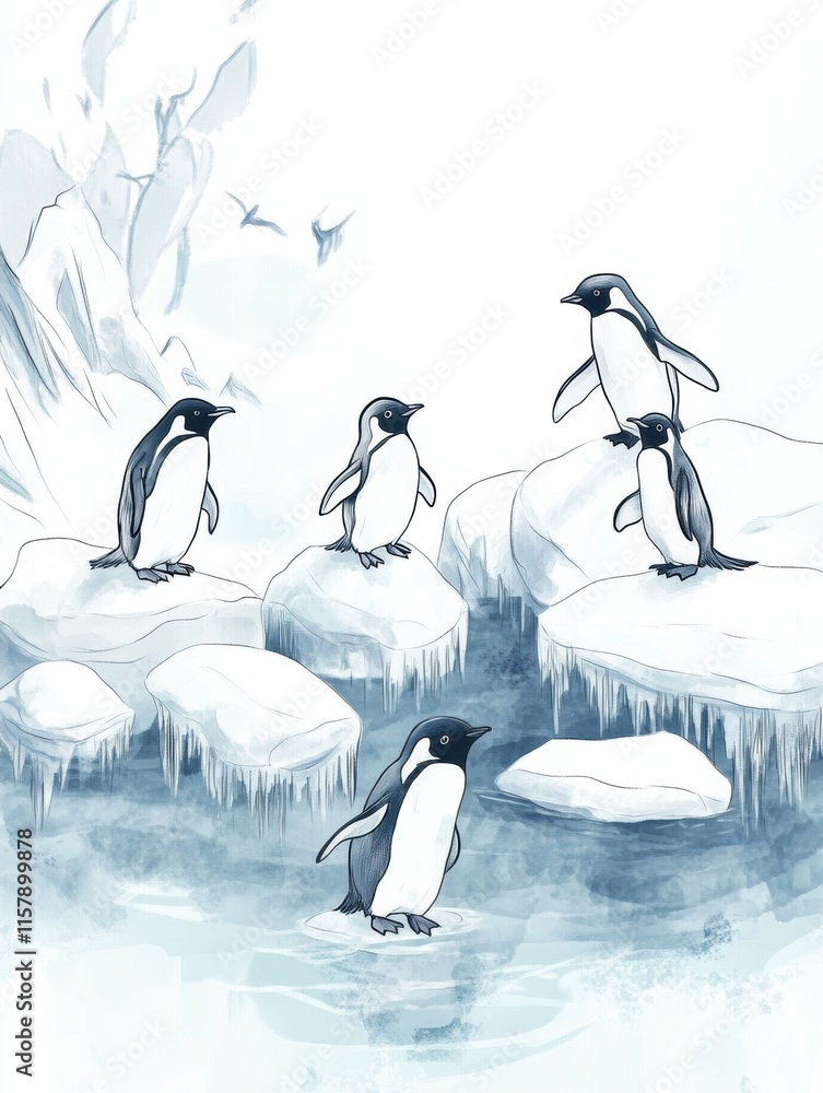 Fototapete Playful penguins gather on floating icebergs in a serene Arctic setting with ample space for text. Generative AI