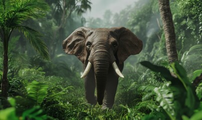 Fototapeta premium Majestic elephant walking through a misty jungle, its tusks gleaming and the surrounding greenery alive with detail.