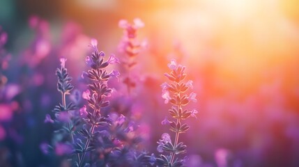 Obraz premium Vibrant Lavender Flowers Sunset Glow Field Soft Focus Image