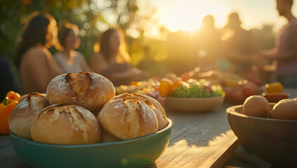 Cozy outdoor picnic at sunset with fresh food and laughter