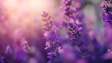 Naklejka premium Lavender Flowers Sunset Field Soft Purple Blooms Sunlight Background