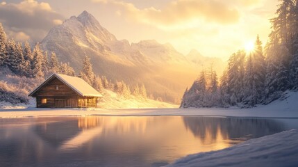 Sunrise over snowy mountains, cabin reflected in frozen lake.