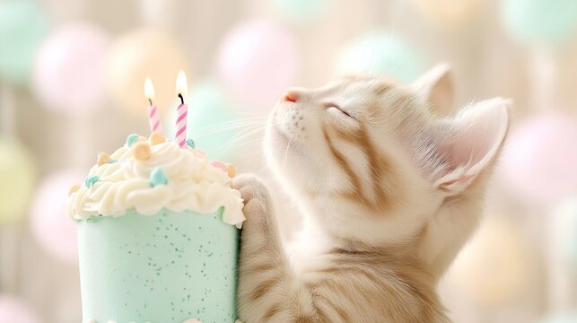 A delightful kitten gently holding a pastel-colored birthday cake with lit candles, set against a soft, bokeh-filled background