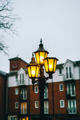 A charming vintage-style lamppost radiates a warm, golden glow amidst a serene winter park setting