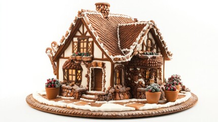 Intricate gingerbread house with lights, snow, and plants.