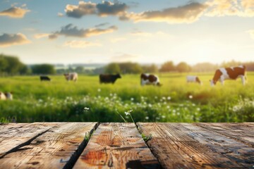 Obraz premium Empty wooden table top with grass field and cows background.