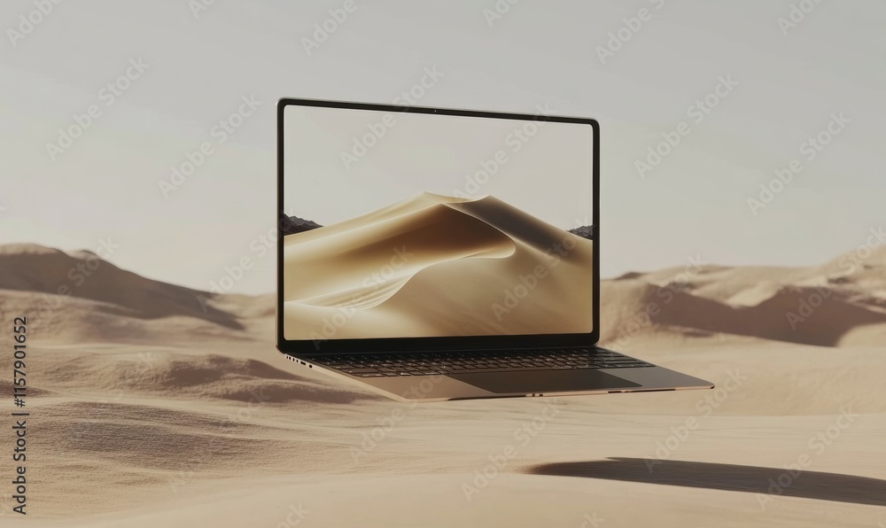 Poster mockup of a minimalist floating laptop blank screen in 3d