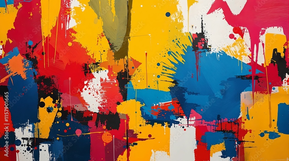 Poster abstract painting with a variety of colors, including red, blue, yellow, and white, in an irregular 