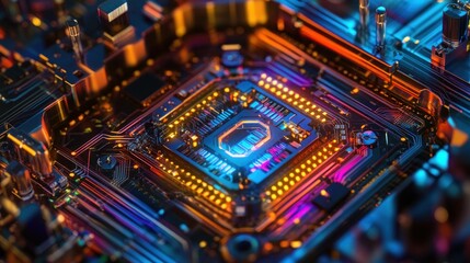 Obraz premium Close-up of a vibrant, illuminated circuit board with a central processor.
