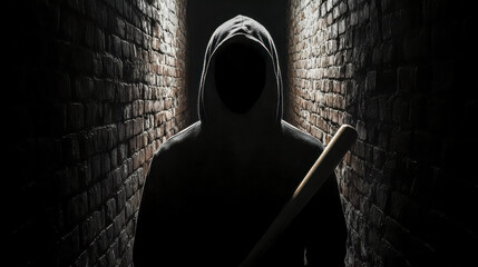 Hooded criminal holding baseball bat in dark alley