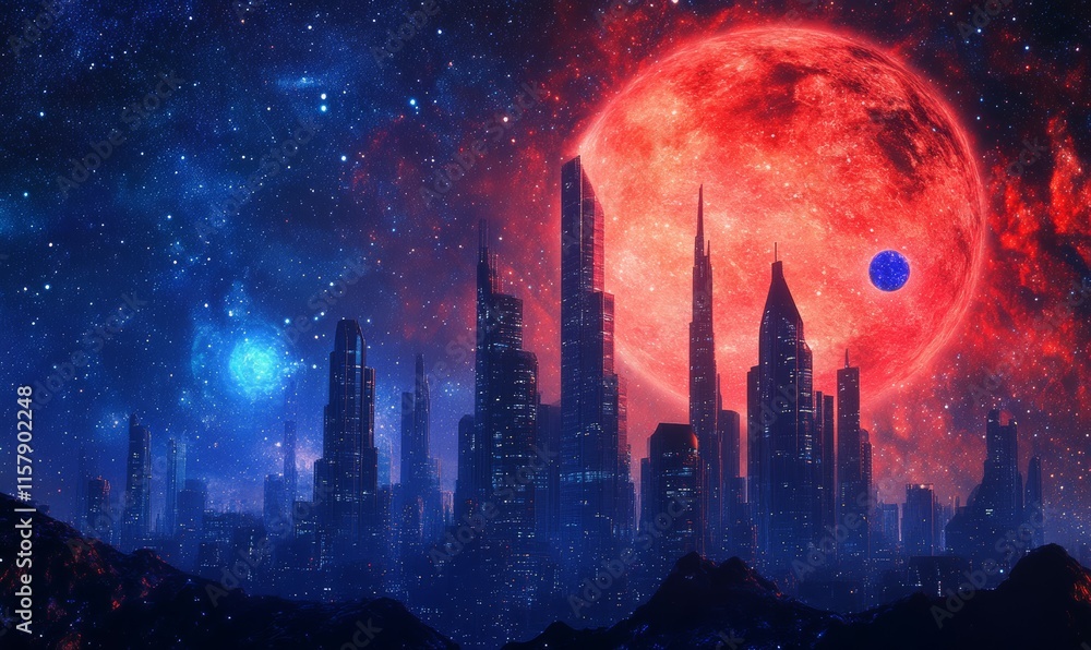 Poster modern futuristic smart city concept in space with abstract red blue background. computer informatio