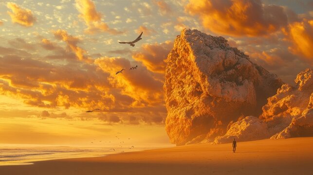 Sunset beach scene with a large rock formation and airplanes.