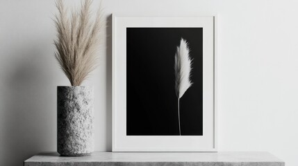 Minimalist monochrome pampas grass print in white frame.
