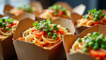 Healthy Asian pasta meal served in eco-friendly containers. Fresh vegetables, noodles. Perfect for office lunch break corporate event catering. Quick, delicious. Homemade style. Organic food concept.