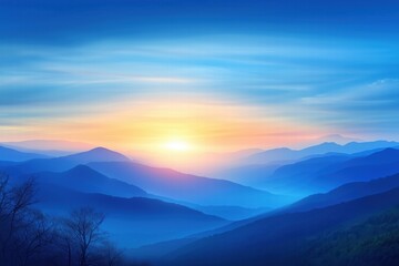 Fototapeta premium Vivid blue mountains layered in a soft mist under a warm sunrise. tranquility and nature