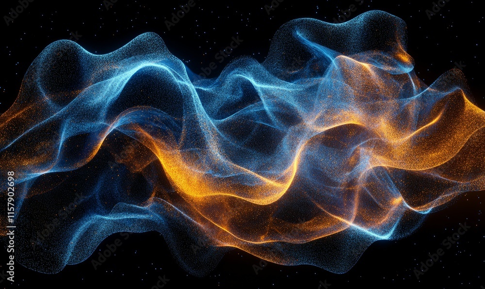 Poster a dynamic array of luminous blue and orange particles form soft, undulating waves in a dark space. p