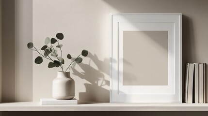 Minimalist home decor shelf with frame, vase, and books.