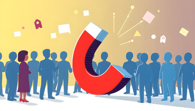 Concept image of a magnet attracting a group of people. metaphor of media influence and human resources, clipart style. isolated with white highlights