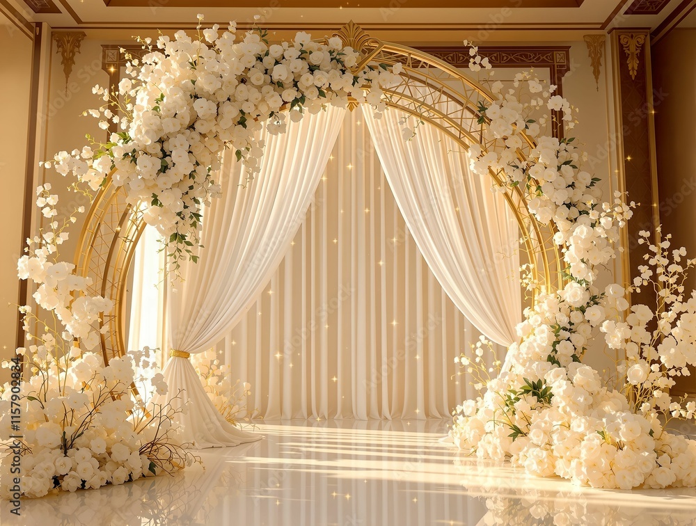Poster luxurious setting with a white and gold circular arch decorated with white flowers, white curtains d