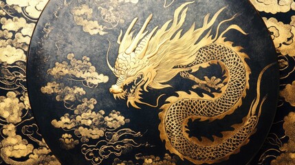 Golden Dragon Design with Clouds and Textured Background