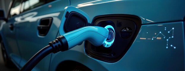 Electric vehicle charging at eco-friendly fueling station. Modern tech UI displays info on charging process. Sustainable eco energy concept. Future of transport. Closeup of car charging cable