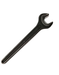black wrench on white background concept of objects and tools for work and industry.