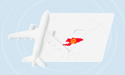 Kyrgyzstan Travel Illustration with Plane and National Flag. Airplane Flying Over Kyrgyzstan Map. © boldg