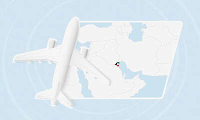 Kuwait Travel Illustration with Plane and National Flag. Airplane Flying Over Kuwait Map. © boldg