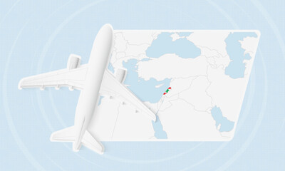 Lebanon Travel Illustration with Plane and National Flag. Airplane Flying Over Lebanon Map.