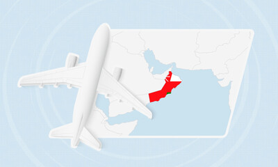 Oman Travel Illustration with Plane and National Flag. Airplane Flying Over Oman Map.