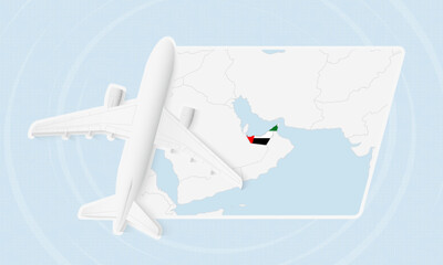 United Arab Emirates Travel Illustration with Plane and National Flag. Airplane Flying Over United Arab Emirates Map. © boldg