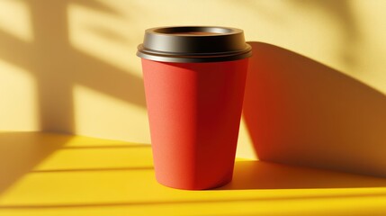 Vibrant Red Coffee Cup Against Yellow Background with Shadows