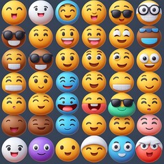 Obraz premium Collection of Diverse Emojis: A vibrant display of happy, smiling, and expressive emoji characters.