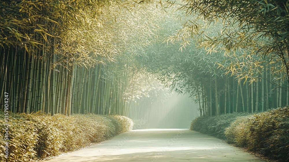 Wall mural bamboo and nature motifs concept, serene bamboo pathway illuminated by soft sunlight, creating a pea