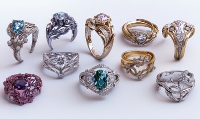 A set of elegant diamond engagement rings featuring various styles and settings, displayed on a plain white background to highlight the intricate craftsmanship and sparkling gemstones