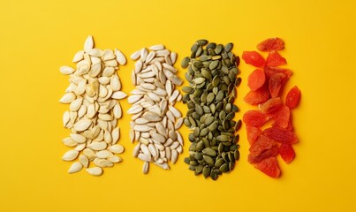 Dried sunflower seeds, lotus seeds, watermelon seeds, and pumpkin seeds isolated on yellow for Tet Holiday, Lunar New Year. Tet snacks.