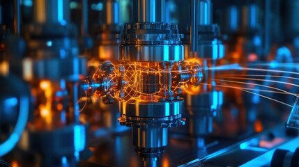 Close-up of glowing industrial machinery, intricate gears and energy flow.