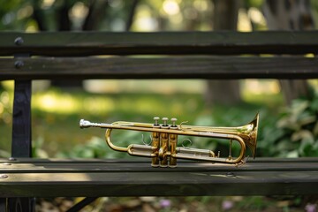 Golden Trumpet on a Park Bench in Soft Natural Light