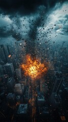Naklejka premium Dramatic explosion in a cityscape at dusk.
