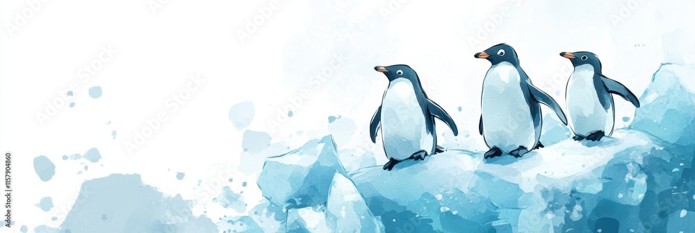 Leinwandbilder playful penguins enjoying a sunny day on floating icebergs with ample space for creative text. gener