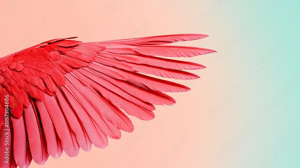 Poster vibrant close-up of a scarlet bird wing displaying exquisite feathers on a soft pastel background, e