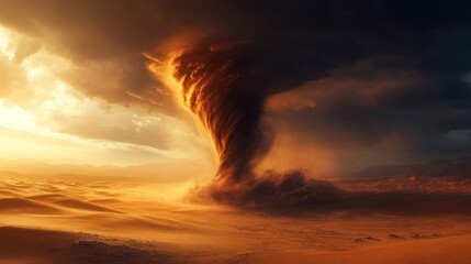 Fiery desert dust devil at sunset.