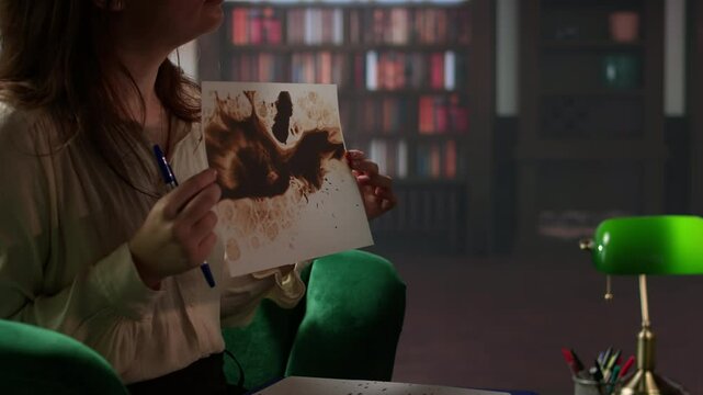 Armed forces veteran in uniform sits with a therapist during counseling, viewing a Rorschach test illustration to share feelings and discuss trauma. PTSD and shell shock syndrome. Camera A.
