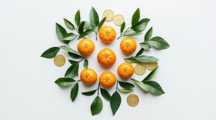 Fresh Oranges with Green Leaves and Gold Coins on White Background
