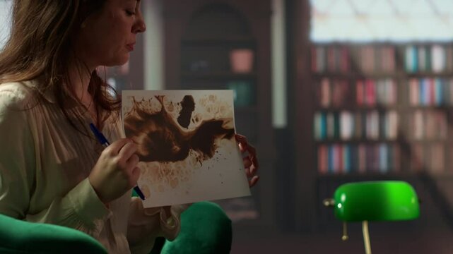 Military veteran studies Rorschach inkblot in therapy session with counselor, addressing PTSD and trauma recovery problems. Woman shows psychological support for mental health care. Camera B.