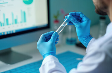 Scientist in lab coat examines sample in test tube. Focused research in modern lab setting. Analyzing potential pathogens viruses. Diagnostic testing process for infectious diseases. Modern tech used