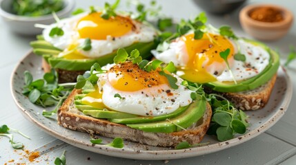 Delicious avocado toast topped with poached eggs and microgreens on a plate.