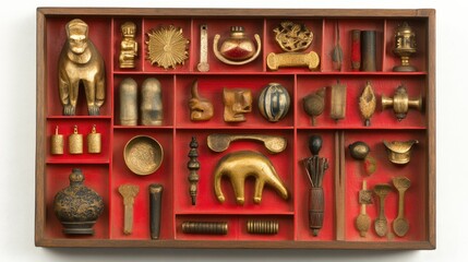 Vintage Collectible Artifacts Displayed in a Wooden Shadow Box