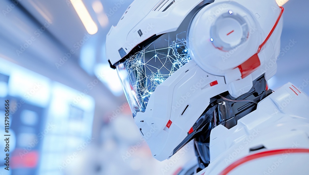 Aufkleber a futuristic robot with a high-tech visor in a sleek environment.