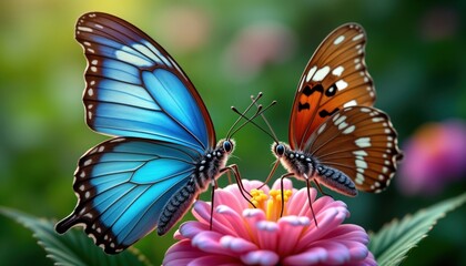Close-up view of two butterflies on pink flower. Beautiful insect resting on blossom. Vivid colors. Natural habitat. Summer day. Detailed view of butterfly wings. Pattern on wings. Macro photo. Green